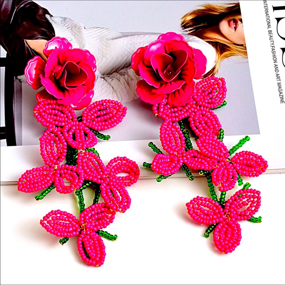 NEW- Super Cute Long Drop Beaded Flower Earrings